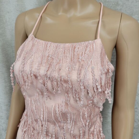 Lulus Making Magic Blush Pink Fringe Lace-Up Mini Dress Women's Size Small - Picture 3 of 13